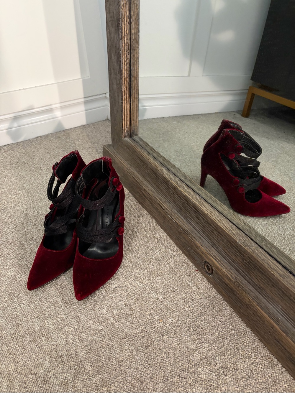 Women’s Burgundy Velvet Pointed-Toe Heel with Wrap Straps
